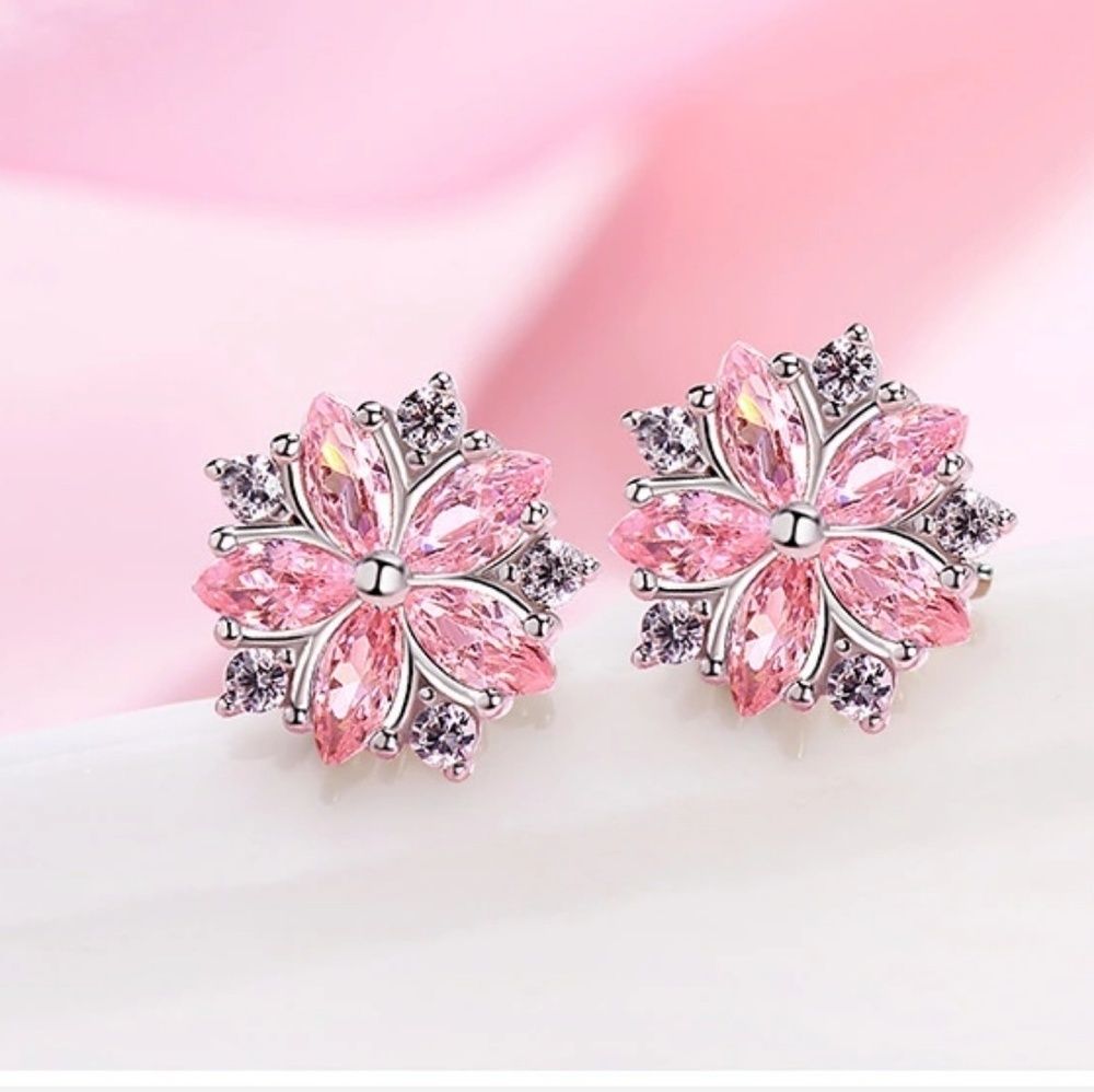 925 Silver Base Pink White Crystal Floral Earring